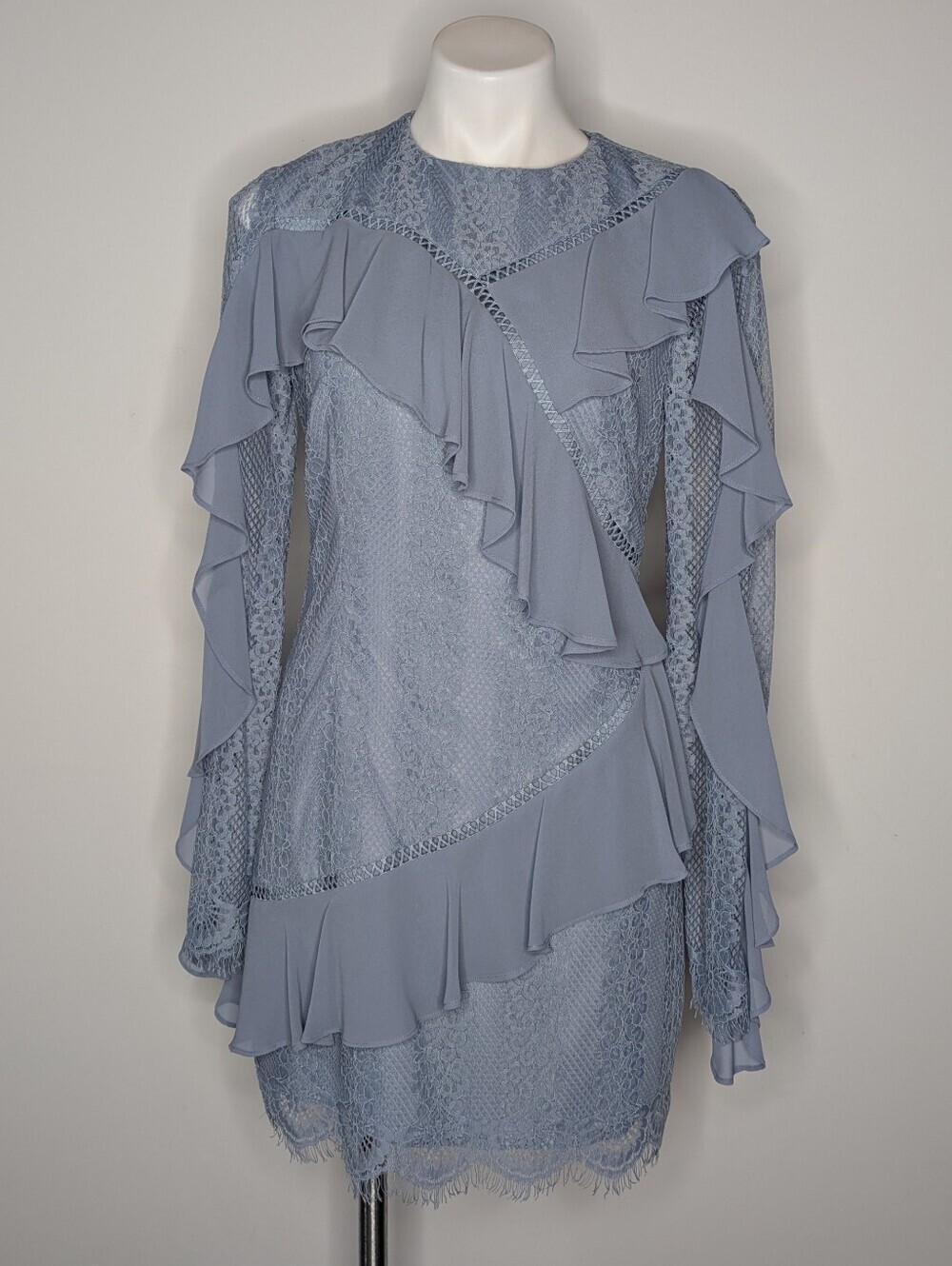 Keepsake Better Days Dusty Blue Ruffle Lace Long Sleeve Dress M